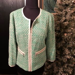 CAbi Green and White Tweed Zip-Front Jacket